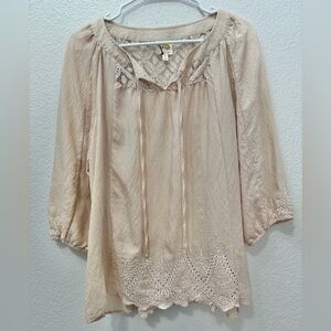 Fig and Flower Beige Lace Crochet 3/4 sleeve Blouse Women’s Size Large